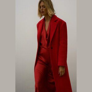 ZARA Red Wool Blend Single-Button Long Winter Coat | Size M